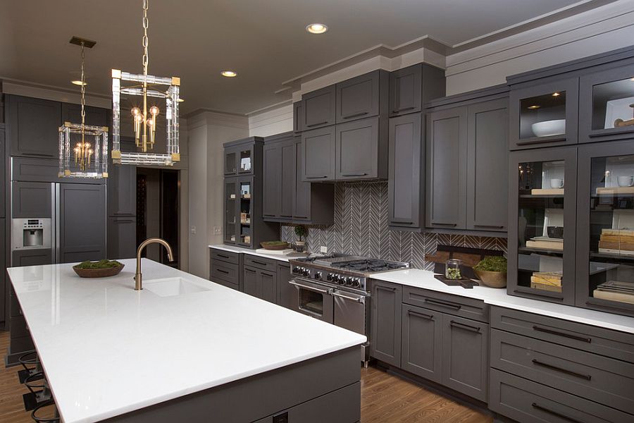 Gray Kitchens ... exquisite gray kitchen with sparkling pendant lighting [design:  romanelli u0026 hughes MTZAFZQ